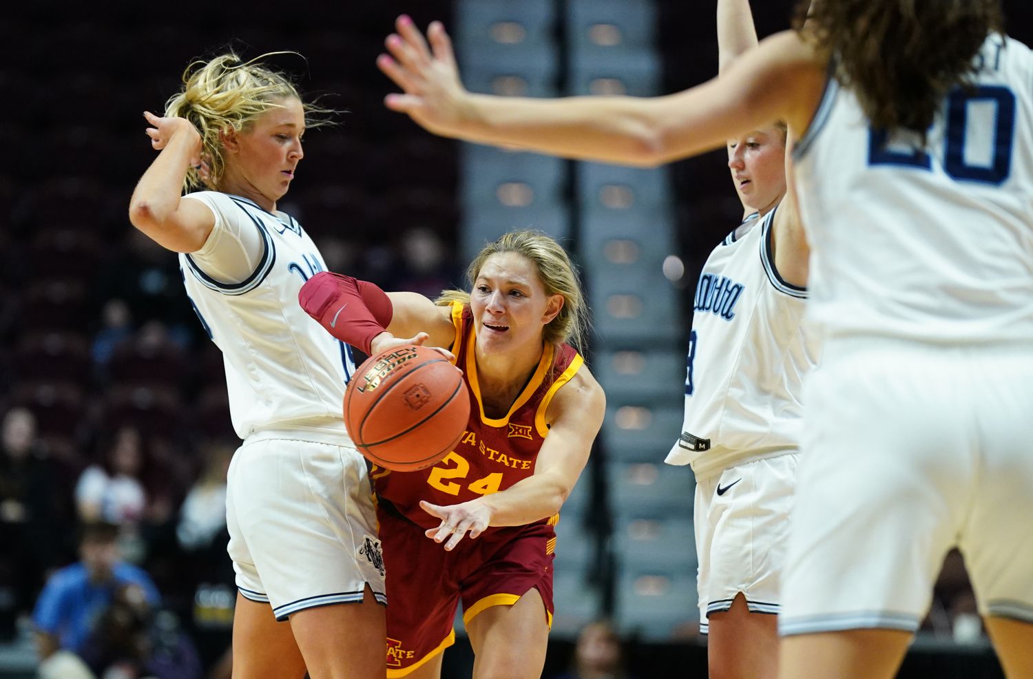 Dec 18, 2022; Uncasville, Connecticut, USA; Iowa State Cyclones guard Ashley Joens (24) passes the ball against the Villanova Wildcats during the second half at Mohegan Sun Arena. Mandatory Credit: David Butler II-USA TODAY Sports