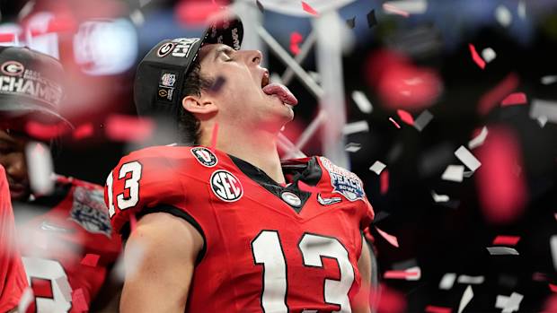 Georgia Bulldogs quarterback Stetson Bennett, confetti, celebration, Peach Bowl, College Football Playoff