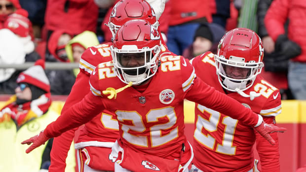 Juan Thornhill celebrates after an interception against the Seahawks