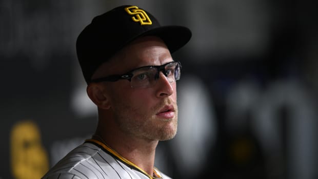 Sep 6, 2022; San Diego, California, USA; San Diego Padres designated hitter Matt Beaty (27) looks on from the dugout during the eighth inning against the Arizona Diamondbacks at Petco Park. Mandatory Credit: Orlando Ramirez-USA TODAY Sports