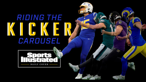 Action of Cameron Dicker kicking with four different teams