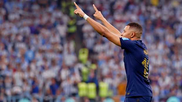France forward Kylian Mbappe, World Cup, celebration, goal