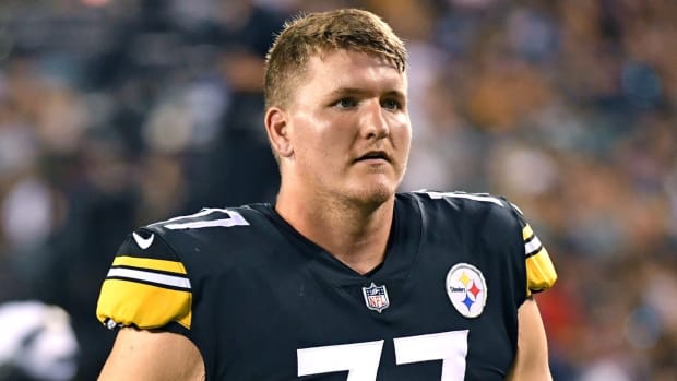 Pittsburgh Steelers offensive guard John Leglue (77) runs off the field against the Philadelphia Eagles at Lincoln Financial Field.