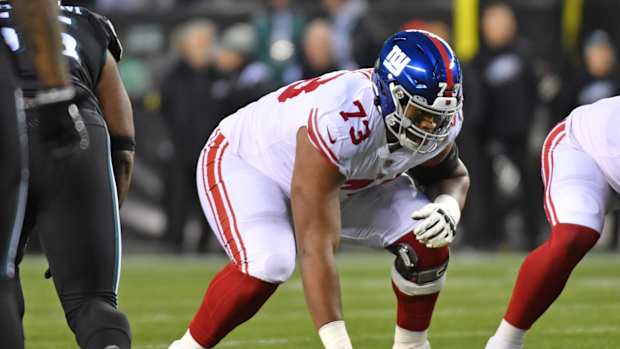 Jan 8, 2023; Philadelphia, Pennsylvania, USA; New York Giants offensive tackle Evan Neal (73) against the Philadelphia Eagles at Lincoln Financial Field.