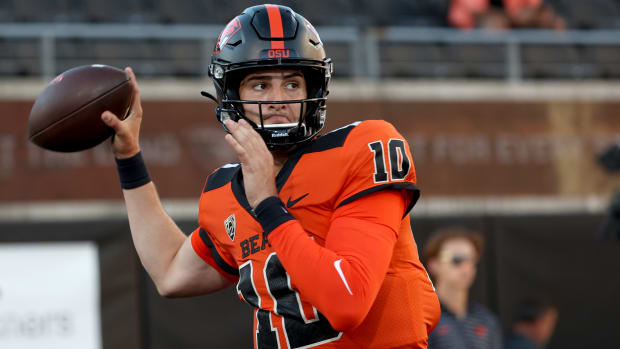 Sep 24, 2022; Corvallis, Oregon, USA; Oregon State Beavers quarterback Chance Nolan (10) throws during warm-ups before playing the USC Trojans at Reser Stadium. Mandatory Credit: Jaime Valdez-USA TODAY Sports