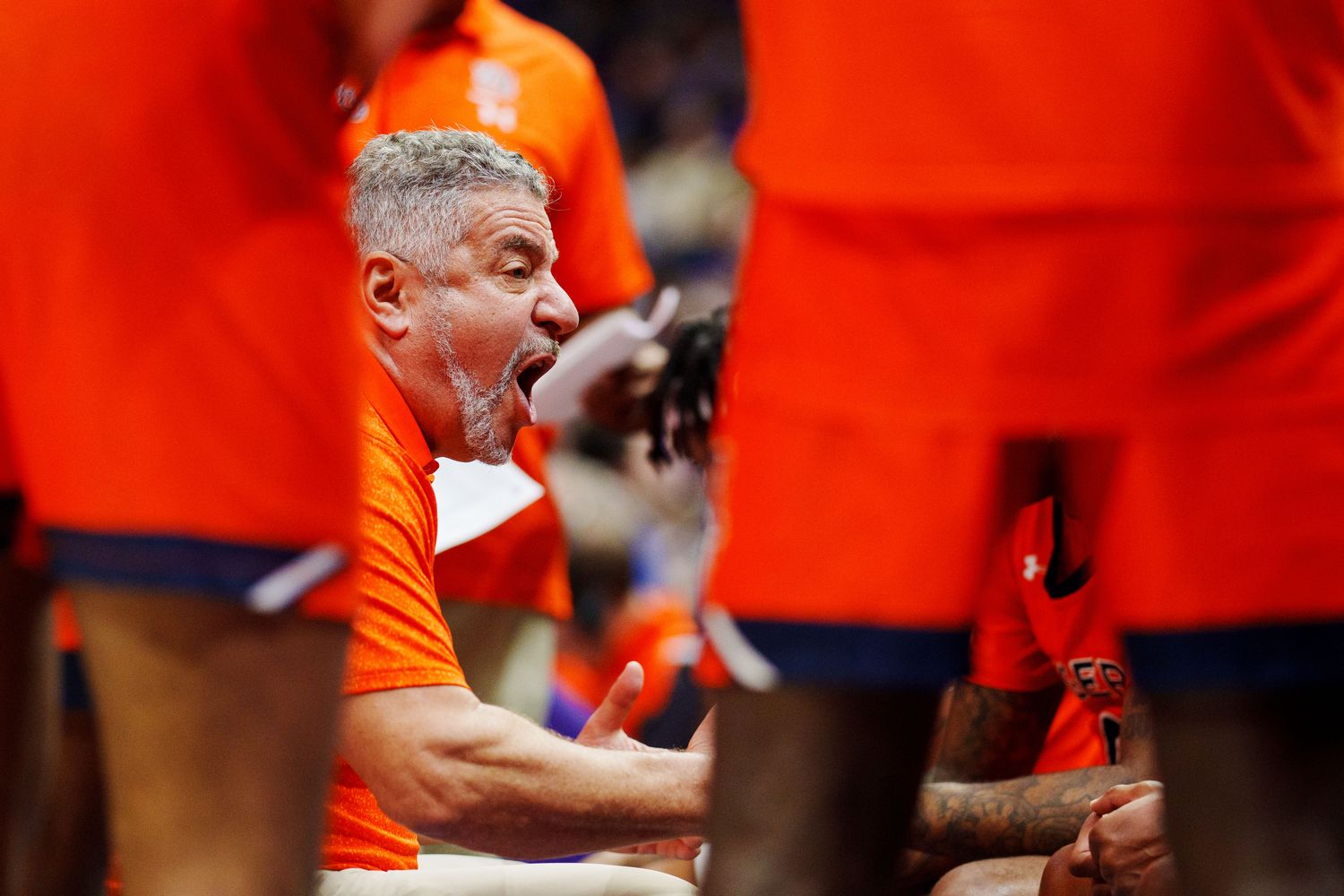 Jan 18, 2023; Baton Rouge, Louisiana, USA; Auburn Tigers head coach Bruce Pearl talks to his team during a time out during the second half against the LSU Tigers at Pete Maravich Assembly Center. Mandatory Credit: Andrew Wevers-USA TODAY Sports
