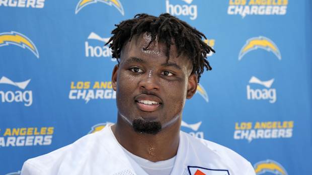 May 13, 2022; Costa Mesa CA, USA; Los Angeles Chargers guard Zion Johnson (77) at a press conference during rookie minicamp at the Hoag Performance Center. Mandatory Credit: Kirby Lee-USA TODAY Sports