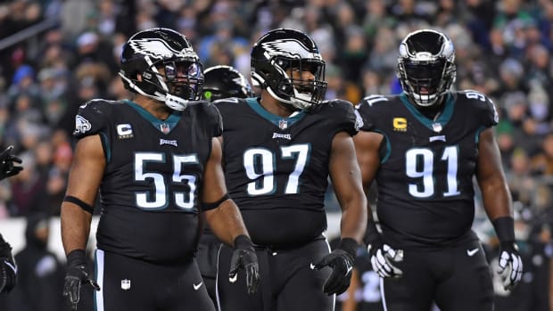 Jan 8, 2023; Philadelphia, Pennsylvania, USA; Philadelphia Eagles defensive end Brandon Graham (55), defensive tackle Javon Hargrave (97) and defensive tackle Fletcher Cox (91) against the New York Giants at Lincoln Financial Field. Mandatory Credit: Eric Hartline-USA TODAY Sports