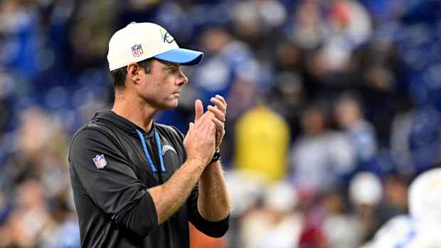 Dec 26, 2022; Indianapolis, Indiana, USA; Los Angeles Chargers head coach Brandon Staley during warm ups before the game against the Indianapolis Colts at Lucas Oil Stadium. Mandatory Credit: Marc Lebryk-USA TODAY Sports