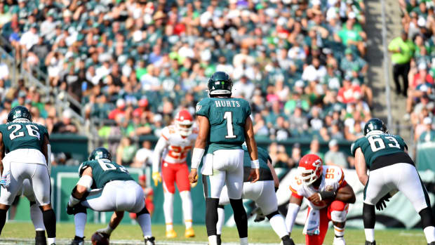 Oct 3, 2021; Philadelphia, Pennsylvania, USA; Philadelphia Eagles quarterback Jalen Hurts (1) waits for the snap against the Kansas City Chiefs at Lincoln Financial Field. Mandatory Credit: Eric Hartline-USA TODAY Sports