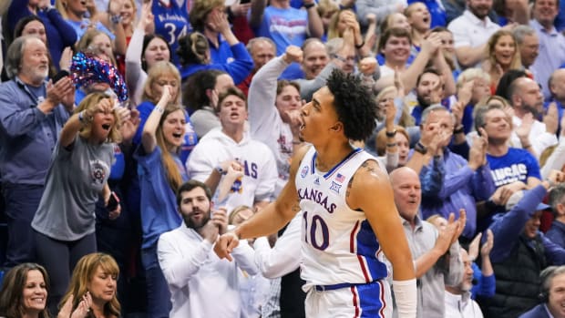 Jan 31, 2023; Lawrence, Kansas, USA; Kansas Jayhawks forward Jalen Wilson (10) celebrates during the first half against the Kansas State Wildcats during the first half at Allen Fieldhouse.