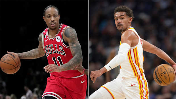 Bulls forward DeMar DeRozan and Hawks guard Trae Young.