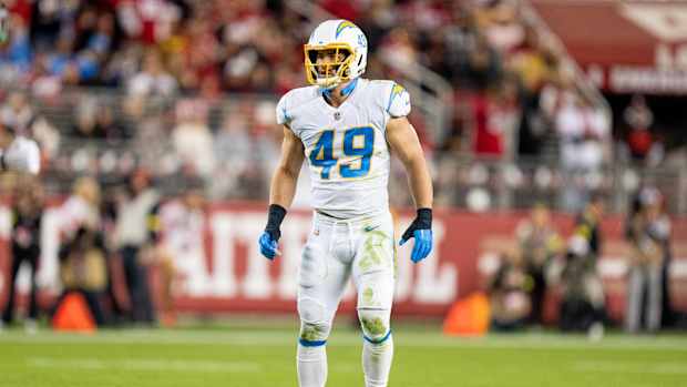 November 13, 2022; Santa Clara, California, USA; Los Angeles Chargers linebacker Drue Tranquill (49) during the second quarter against the San Francisco 49ers at Levi's Stadium. Mandatory Credit: Kyle Terada-USA TODAY Sports