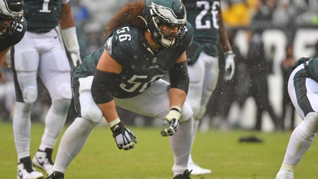 Philadelphia Eagles guard Isaac Seumalo (56) against the Jacksonville Jaguars at Lincoln Financial Field.