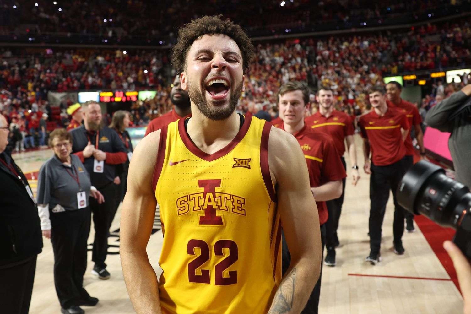 Jan 24, 2023; Ames, Iowa, USA; Iowa State Cyclones guard Gabe Kalscheur (22) celebrates after the win against the Kansas State Wildcats during the second half at James H. Hilton Coliseum. The Cyclones won 80-76. Mandatory Credit: Reese Strickland-USA TODAY Sports