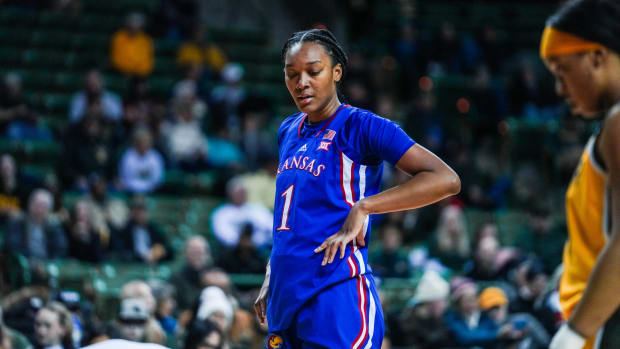 Kansas' Taiyanna Jackson during a 77-73 loss at Baylor in Waco on February 1, 2023.