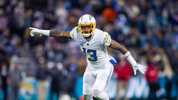 Jan 14, 2023; Jacksonville, Florida, USA; Los Angeles Chargers wide receiver Keenan Allen (13) against the Jacksonville Jaguars during a wild card playoff game at TIAA Bank Field. Mandatory Credit: Mark J. Rebilas-USA TODAY Sports
