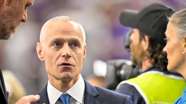 Dec 3, 2022; Arlington, TX, USA; Big 12 commissioner Brett Yormark watches the game between the TCU Horned Frogs and the Kansas State Wildcats at AT&T Stadium. Mandatory Credit: Jerome Miron-USA TODAY Sports