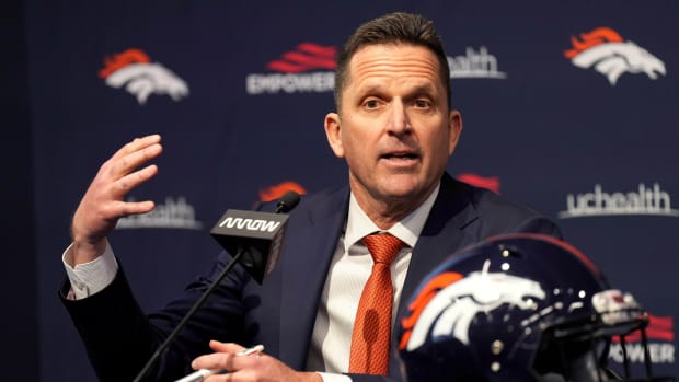 General manager George Paton speaks during a press conference at the UCHealth Training Center.