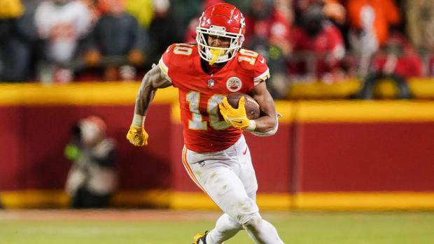 Jan 29, 2023; Kansas City, Missouri, USA; Kansas City Chiefs running back Isiah Pacheco (10) runs the ball during the second half of the AFC Championship game against the Cincinnati Bengals at GEHA Field at Arrowhead Stadium.
