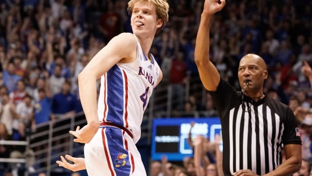 Kansas freshman guard Gradey Dick (4) reacts to a three-pointer made agains Texas in the first half of Monday's game against Texas inside Allen Fieldhouse.