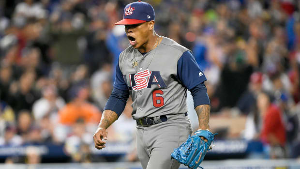Marcus Stroman, pitching for Team USA in the 2017 World Baseball Classic, reacts during the fifth inning of the against Puerto Rico at Dodger Stadium.