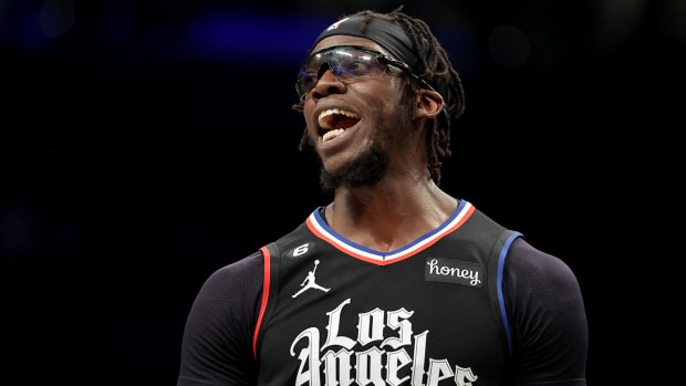 Clippers guard Reggie Jackson (1) reacts during the fourth quarter against the Nets at Barclays Center.