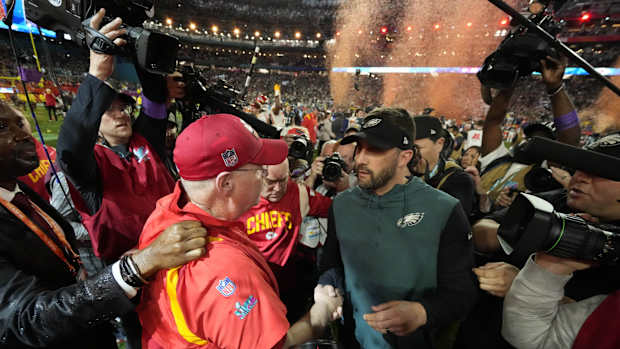 Andy Reid and Nick Sirianni shake hands at end of Super Bowl LVII