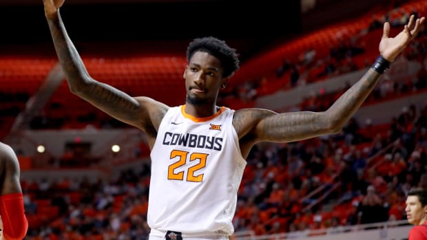 Oklahoma State Cowboys forward Kalib Boone (22) during a men's college basketball game between the Oklahoma State University Cowboys (OSU) and the Texas Tech Red Raiders at Gallagher-Iba Arena in Stillwater, Okla., Wednesday, Feb. 8, 2023. Oklahoma State won 71-68. Osu Vs Texas Tech Men S Basketball