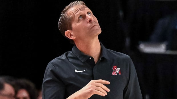 Arkansas Razorbacks coach Eric Musselman looks on during the second half against the Texas A&M Aggies.