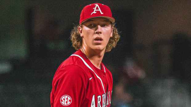 Arkansas Razorbacks pitcher Hagen Smith on the mound in their opening game against the Texas Longhorns.