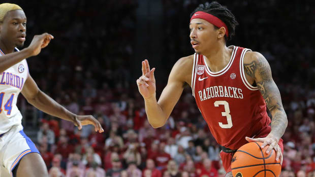 Arkansas Razorbacks Nick Smith Jr. against the Florida Gators on Saturday at Bud Walton Arena in Fayetteville, Ark.