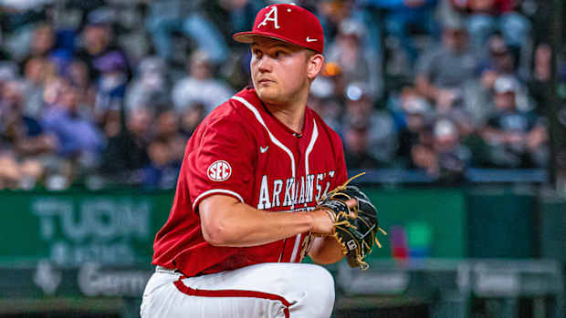 Arkansas Razorbacks pitcher Zack Morris against TCU on Saturday night at Globe Life Park in Arlington, Texas.