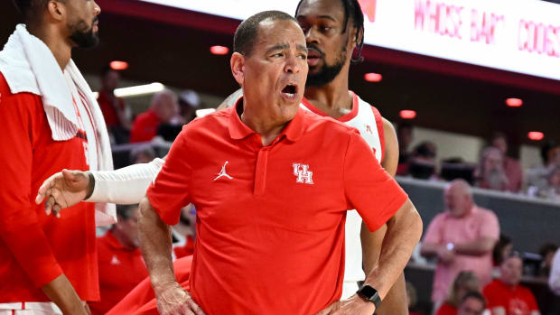 Feb 19, 2023; Houston, Texas, USA; Houston Cougars head coach Kelvin Sampson reacts during the second half against the Memphis Tigers at Fertitta Center. Mandatory Credit: Maria Lysaker-USA TODAY Sports