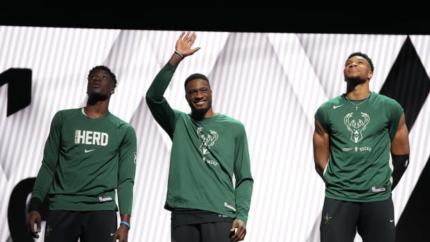 Team Antetokounmpo including Team Antetokounmpo forward Giannis Antetokounmpo (right) are introduced in the Skills Competition during the 2023 All Star Saturday Night
