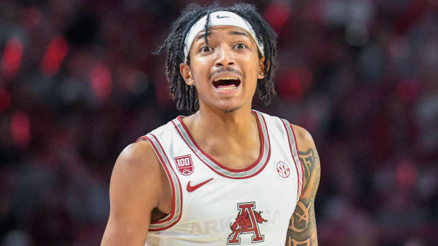 Arkansas Razorbacks guard Nick Smith against the Georgia Bulldogs on Tuesday night at Bud Walton Arena.