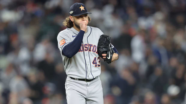 Houston Astros starting pitcher Lance McCullers Jr. (43) reacts after a hit in the first inning against the New York Yankees