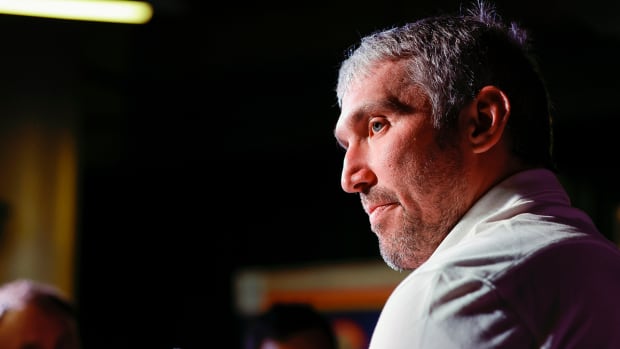 Capitals left wing Alex Ovechkin (8) talks to the media after the 2023 NHL All-Star Skills Competition at FLA Live Arena.