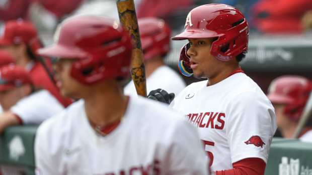 Arkansas Razorbacks Kendall Diggs on deck against Eastern Illinois on Friday, Feb. 24, 2023, at Baum-Walker Stadium in Fayetteville, Ark.