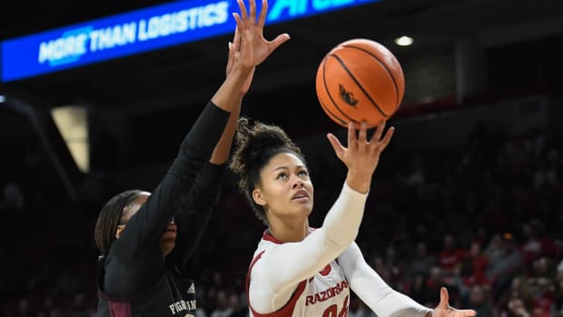 Arkansas Razirbacks Jersey Wolfenbarger puts up a shot against Texas A&M.
