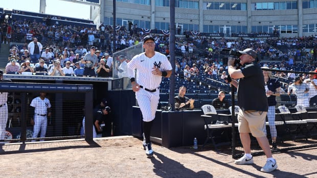 New York Yankees center fielder Aaron Judge (99) is introduced before the game against the Atlanta Braves at George M. Steinbrenner Field.