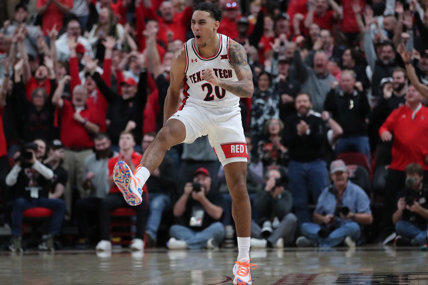Feb 25, 2023; Lubbock, Texas, USA; Texas Tech Red Raiders guard Jaylon Tyson (20) reacts after a shot against the TCU Horned Frogs in the second half at United Supermarkets Arena.