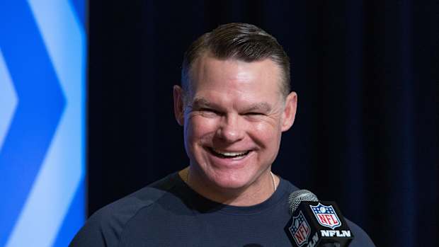 Mar 1, 2023; Indianapolis, IN, USA; Indianapolis Colts general manager Chris Ballard speaks to the press at the NFL Combine at Lucas Oil Stadium. Mandatory Credit: Trevor Ruszkowski-USA TODAY Sports