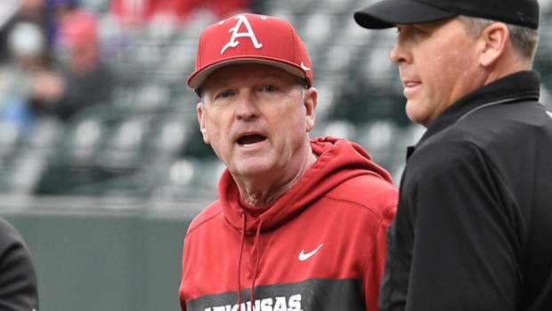 Arkansas Razorbacks coach Dave Van Horn at pregame meeting at home plate before a game with Illinois State on Wednesday.