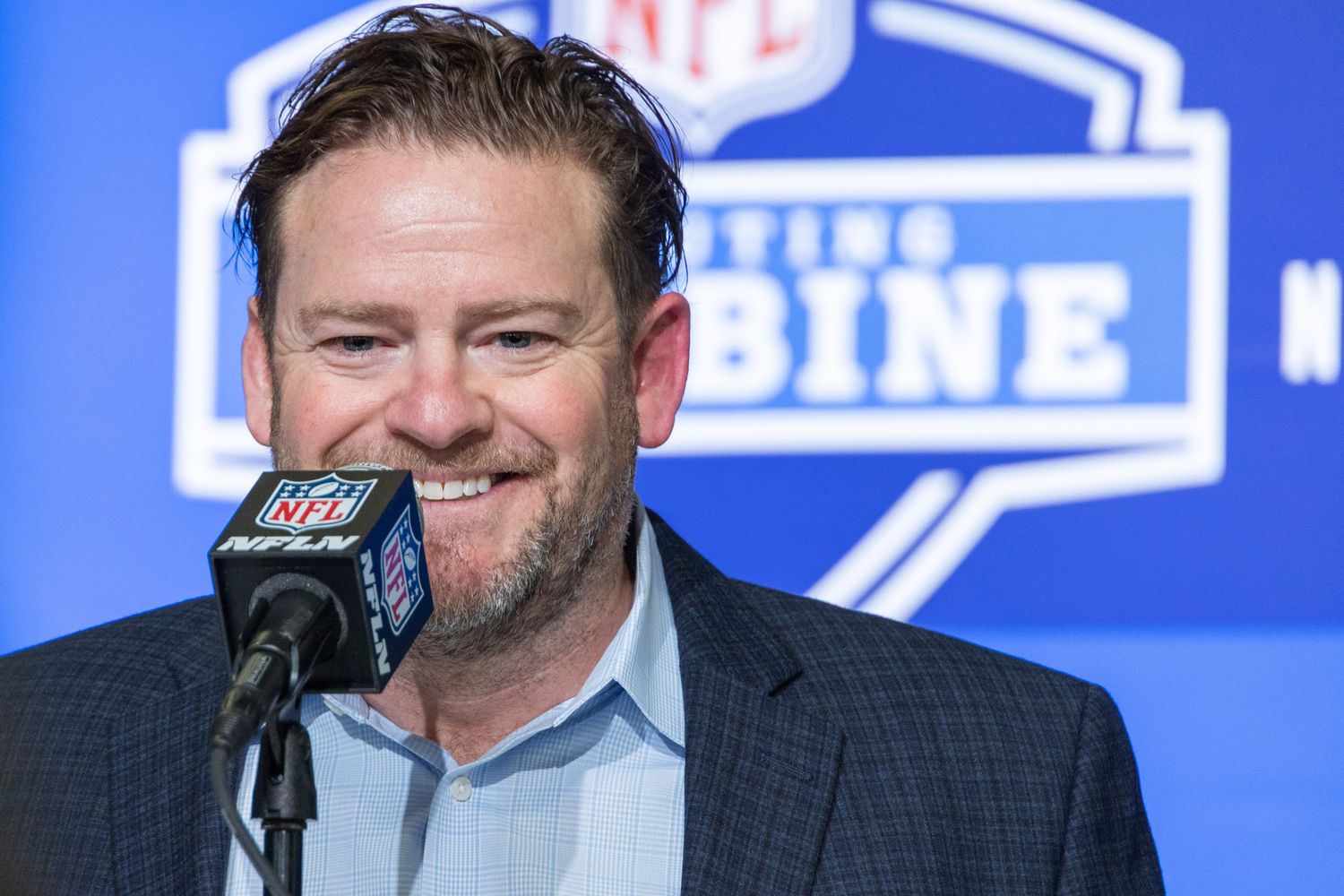 Seattle Seahawks general manager John Schneider speaks to the press at the NFL Combine at Lucas Oil Stadium.