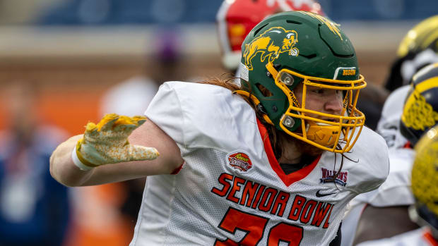 Feb 2, 2023; Mobile, AL, USA; National offensive lineman Cody Mauch of North Dakota State (70) practices during the third day of Senior Bowl week at Hancock Whitney Stadium in Mobile. Mandatory Credit: Vasha Hunt-USA TODAY Sports