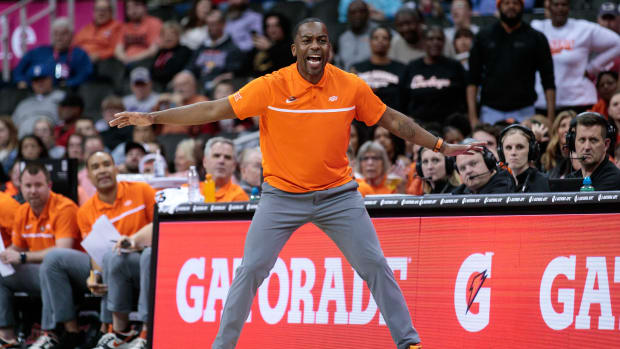 Mar 8, 2023; Kansas City, MO, USA; Oklahoma State Cowboys coach Mike Boynton on the sidelines during the game against the Oklahoma Sooners at T-Mobile Center. Mandatory Credit: William Purnell-USA TODAY Sports