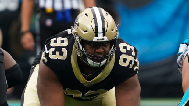 Saints defensive tackle David Onyemata prepares for a play in 2022.