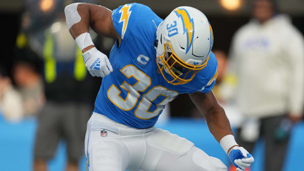 Los Angeles Chargers running back Austin Ekeler (30) celebrates after a touchdown.