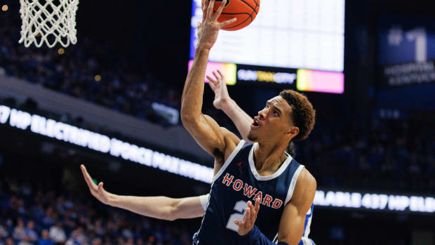 Nov 7, 2022; Lexington, Kentucky, USA; Howard Bison forward Steve Settle III (2) goes to the basket during the first half against the Kentucky Wildcats at Rupp Arena at Central Bank Center. Mandatory Credit: Jordan Prather-USA TODAY Sports